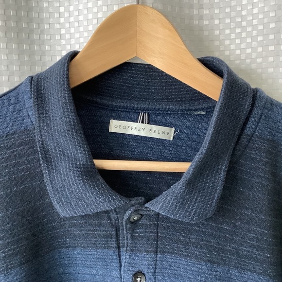 Geoffrey Beene Mens Polo Shirt Long Sleeve Blue Horizontal Stripes Heavy Weight - Picture 2 of 7